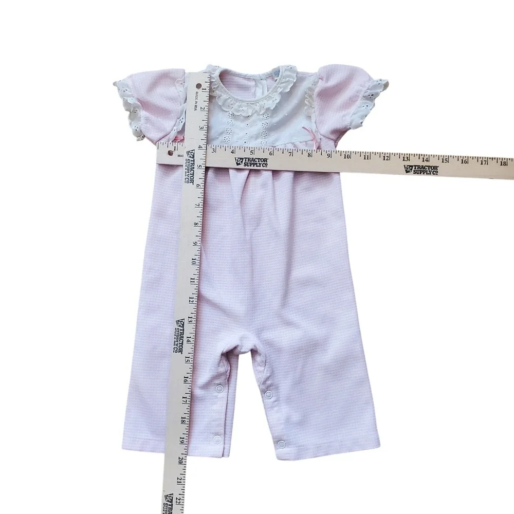 Carters Vintage Romper Lace Collar Pink Waffle Knit Short Sleeve 9 M Made In USA